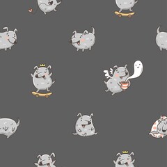 Seamless pattern with cute puppies on dark background. Funny dogs wallpaper. Vector doodle animals print.