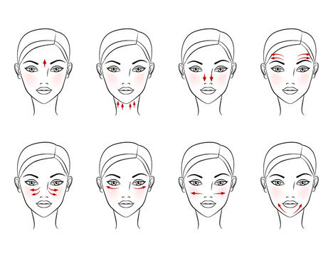 Chinese Massage With Gua Sha Stones. Lines Of Massage On The Face, Illustration