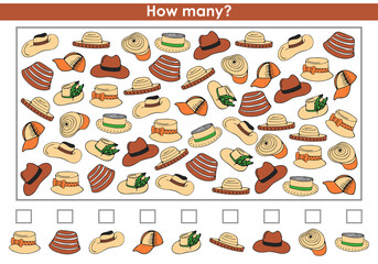 Count how many summer hats. Counting game for kids. Development of logical and mathematical skills. Tasks for children, educational children's game, a sheet for printing. Vector illustration.