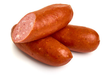 Smoked German Sausages, isolated on white background. High resolution image