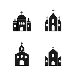 Church icon set. Church outline black symbol. Holy place silhouette building sign collection. Vector isolated on white.	
