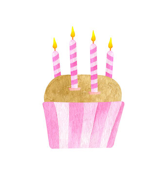 Watercolor Birthday cake with four candles. Hand drawn cute biscuit cupcake in pink paper liner. Dessert ilustration isolated on white background. Baby girl 4th Birthday celebration cake for cards.
