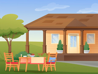 Barbecue setup outdoor background. House in nature with tree, table with food and drinks, chairs vector illustration. Summer scene