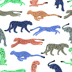 Cheetah  seamless pattern .  Tropical exotic summer pattern with hand drawn cheetah . print for T-shirts, textiles, wrapping paper, web. 