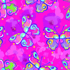 Seamless neon pattern with butterflies.  hand drawn butterflies. Pattern for textiles, children's clothes, wrapping busakgi .. Girlish background