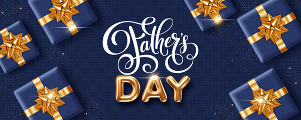 Happy Fathers Day. Greeting card or invitation template with golden 3d letters and gift boxes on dark blue background