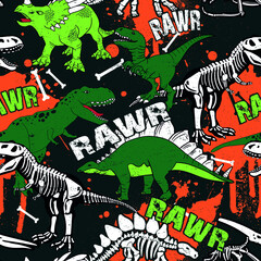 Fototapeta na wymiar Seamless Dino pattern, print for T-shirts, textiles, wrapping paper, web. Original design with t-rex,dinosaur skeleton. grunge design for boys . 