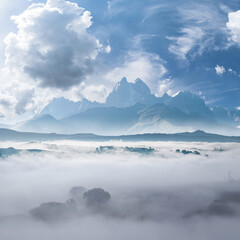 Landscape with mountains and fog in valley