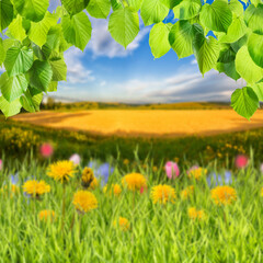 Green leaves on branch and flowers