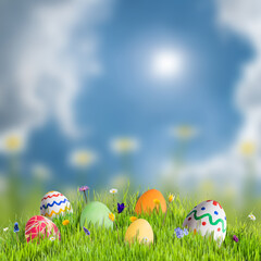 Easter eggs in floral meadow