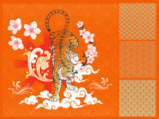 Abstract Art Japanese Tiger Climbing with The Sun, Radiant, Water Splash,  Windy Line, Sakura Flowers with Branch and White Cloud Shape on Diamond Pattern Orange Background Design for Wrapping Paper