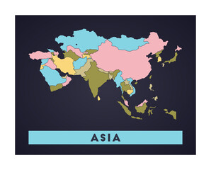Asia map. Continent poster with regions. Shape of Asia with continent name. Appealing vector illustration.
