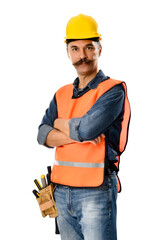 Construction worker with tool belt isolated on white background