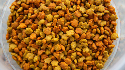 Top view of dry cat food inside a container.