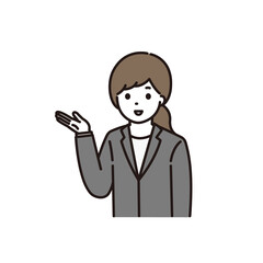 笑顔で説明をするスーツの女性のイラスト