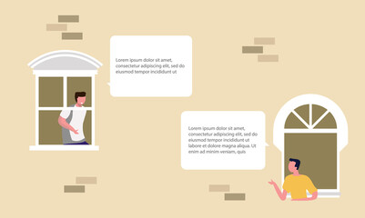 People on balcony. Neighbourhood with terraces and people doing daily activities like physical jerks, watering plants or drawing. Quarantine and isolation concept.