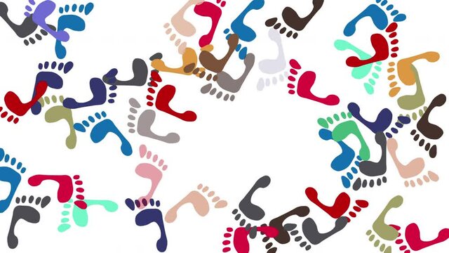 Multicolored footprints appear on white background.