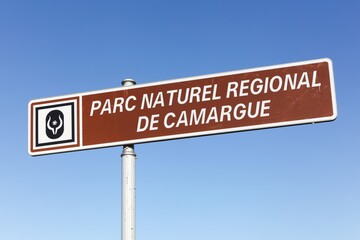 Regional natural park of Camargue road sign called parc naturel regional de Camargue in french language