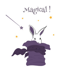 The hare looks out of the hat. Magic focus with rabbit. Vector illustration in hand drawn style.