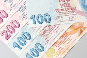 Turkish Lira banknotes front, close-up detail.