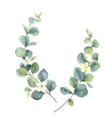 Watercolor vector hand painted wreath with green eucalyptus leaves and flowers.