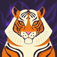 Fototapeta na wymiar Colorful portrait of beautiful tiger on purple background. Hand drawn wild animal. Big cat.