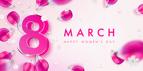 Banner for the International Women's Day. Flyer for March 8 with the decor of pink tulip petals. Vector illustration