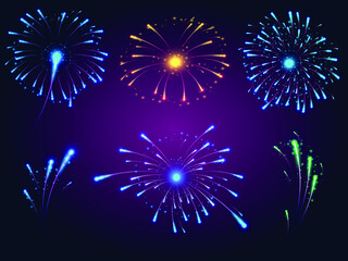 Bright explosions of fireworks of different colors. Orange, naked and green fireworks. Sunbeams flash light. Vector illustration