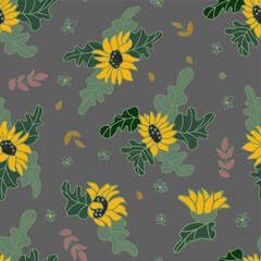 Fototapeta na wymiar Seamless sunflower pattrain. The flowers are hand drawn. Bright colors. Summer ornaments for fabric, wrapping paper, home decor. Vector