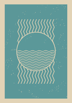 Vintage art print, poster with water sign, waves, lines and stripes. Art template for wall decoration, background, backdrop, banner, cover design, postcard. Contemporary, modern art. Art pattern. 