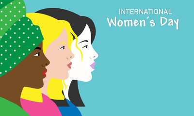 International women's day poster. Profile faces of different races. Space for text	
