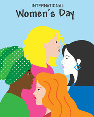 International women's day poster. Profile faces of different races.