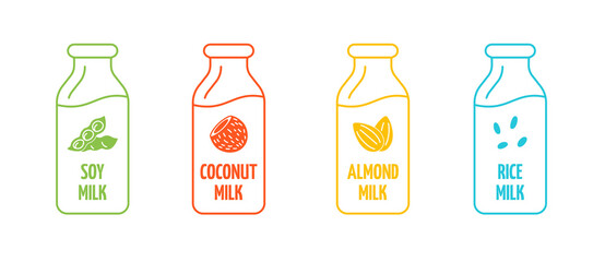 Soy, almond, coconut and rice milk logotype set in bottle linear form. Packaging badge design elements. Hand drawn healthy vegan drink labels. Isolated logo collection vector eps illustration