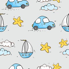 Naklejka premium Grey background machine sailboat blue clouds yellow star pattern paper digital paper scrapbook paper fabric pattern textile pattern baby pattern seamless texture