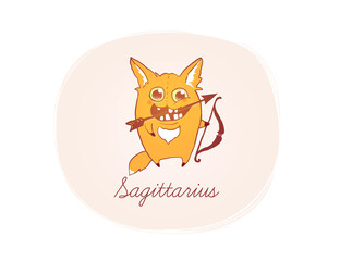 Fototapeta premium Illustration of Saggitarius as a fox with bow and arrows. Cartoon style. Zodiac vector illustration for kids. One of 12 in collection for your design of astrology calendar or horoscope