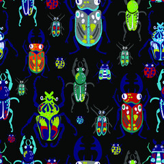 Hand drawn cool seamless pattern with bright bugs. Boys background for textile, kids wear, prints and more
