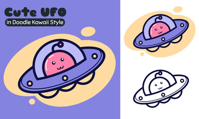 Illustration vector graphic cartoon character of cute alien UFO in Doodle Kawaii line art style. Suitable for children book, t-shirt, apparel and other children product.