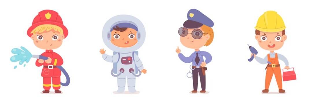Kid professions set. Cute boys with professional occupations vector illustration. Children as fireman with hose, astronaut in spacesuit, police officer, builder on white background