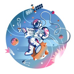 Funny astronaut reading newspaper with cup of coffee in space. Man flying with open paper in spacesuit. Space exploration fun entertainment vector illustration. Cosmonaut in universe