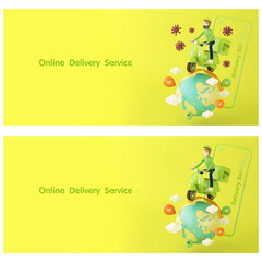 Online Delivery Service 3D Graphic Design Messenger Wearing Mask with Filter, Helmet, Green Long Sleeve and Jean Riding on Motorcycle with Delivery Box  Flying Through Directional Sign and Globe Below