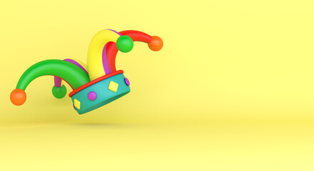 April fools day decoration background with jester hat, copy space text, 3D rendering illustration