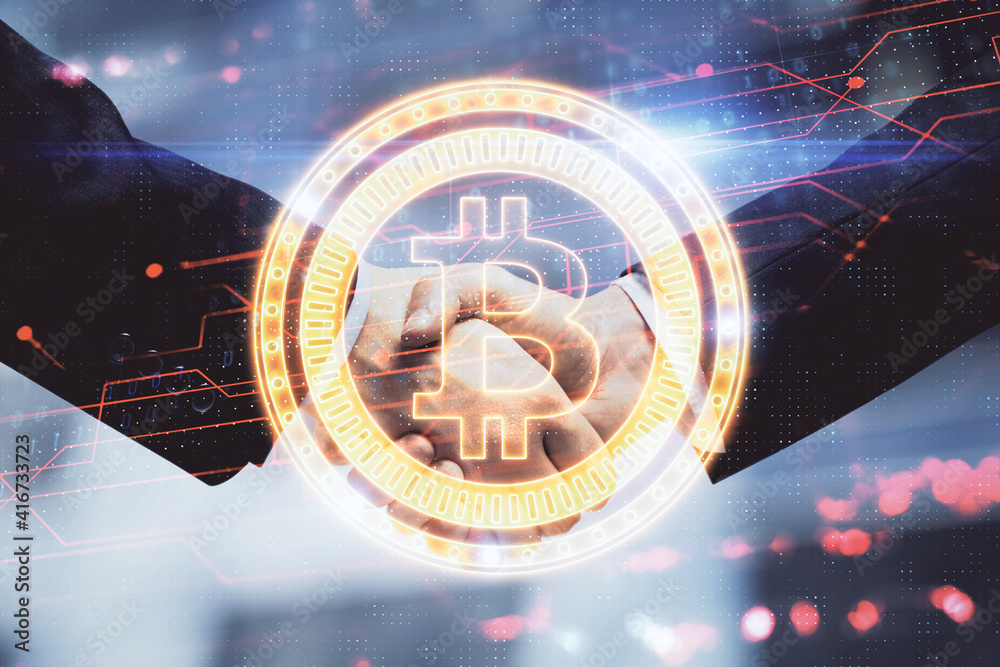 Poster double exposure of blockchain hologram and handshake of two men. crypto business concept.