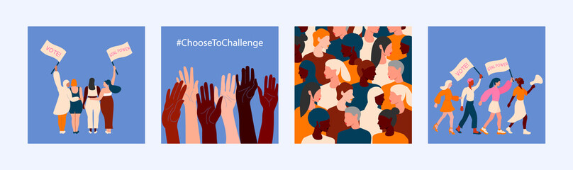 Set of illustration for International women’s day campaign theme: #ChooseToChallenge. 8th march. Vector template in flat style for greeting card, postcard, banner, flyer and other.