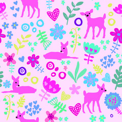 Cute seamless pattern with roe and flowers. Girlish background for children. Pattern for textile, clothing, wrapping paper.
