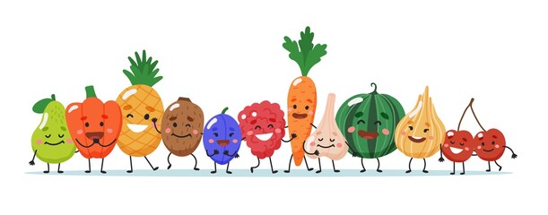 Fruits and vegetables characters. illustration