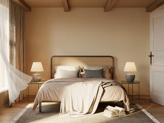 3d rendering of a Mediterranean calm relaxing elegant bedroom with earthy tones