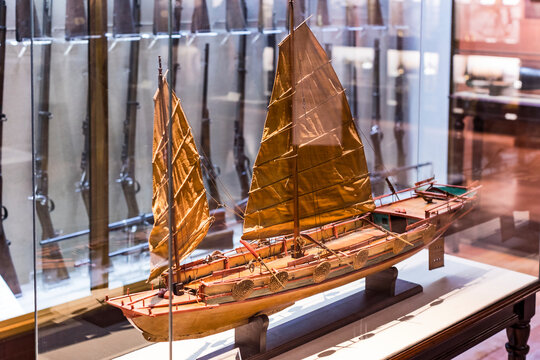 MADRID, SPAIN - 28 MARCH, 2018:Expositions Maritime Museum in Madrid history of the Spanish Navy ship models historical artifacts .

