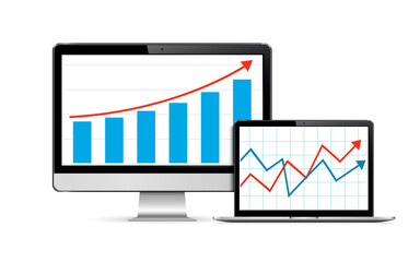 Realistic computer monitor and laptop mock up with analytics dashboards. Charts and graph.