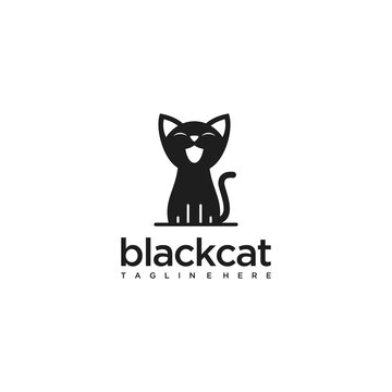 Black Cat sitting smiling Logo design vector template