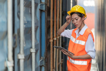 Asian woman, Foreman, wears a uniform and a helmet, an engineer walks the container in the container yard. Logistics concept.